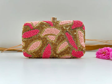 Blush & Gold Hand-Beaded Floral Clutch