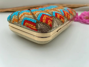 Zigzag Beaded Clutch with Gold Chain Strap