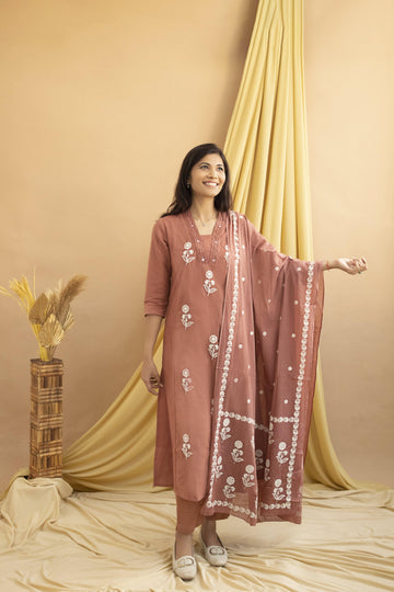 Rust Pink Cotton Anarkali Set with Delicate Dupatta