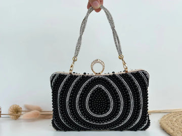 Black Beaded Evening Clutch – Crystal Ring Handle