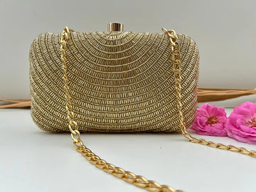 Classic Gold Hand-Beaded Evening Clutch with Chain