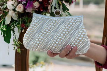 Pearl Beaded Clutch with Crystal Ring Handle