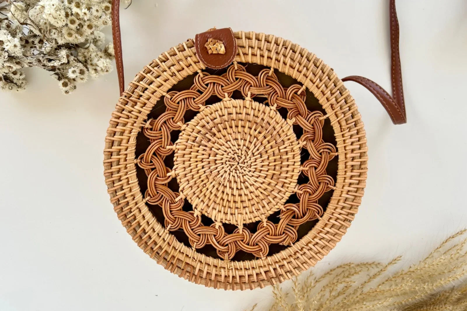 Bohemian Floral Weave Rattan Round Bag