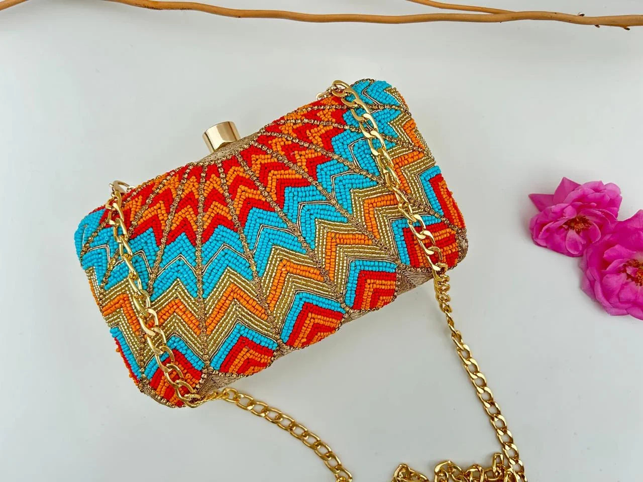 Zigzag Beaded Clutch with Gold Chain Strap