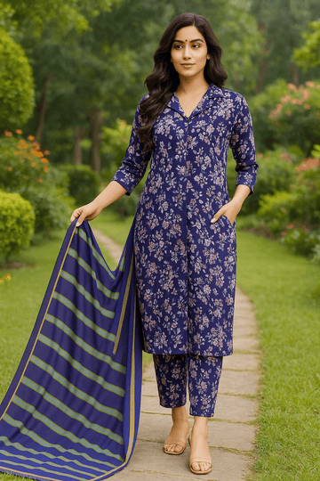 Blue Unstitched Cotton Suit Set