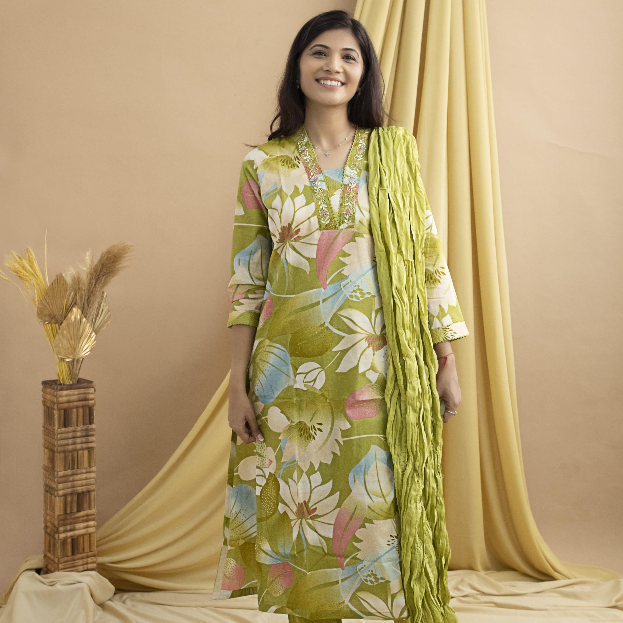 Green Cotton Floral Suit Set