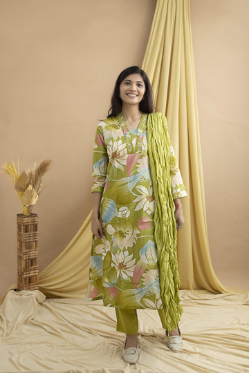 Green Cotton Floral Suit Set