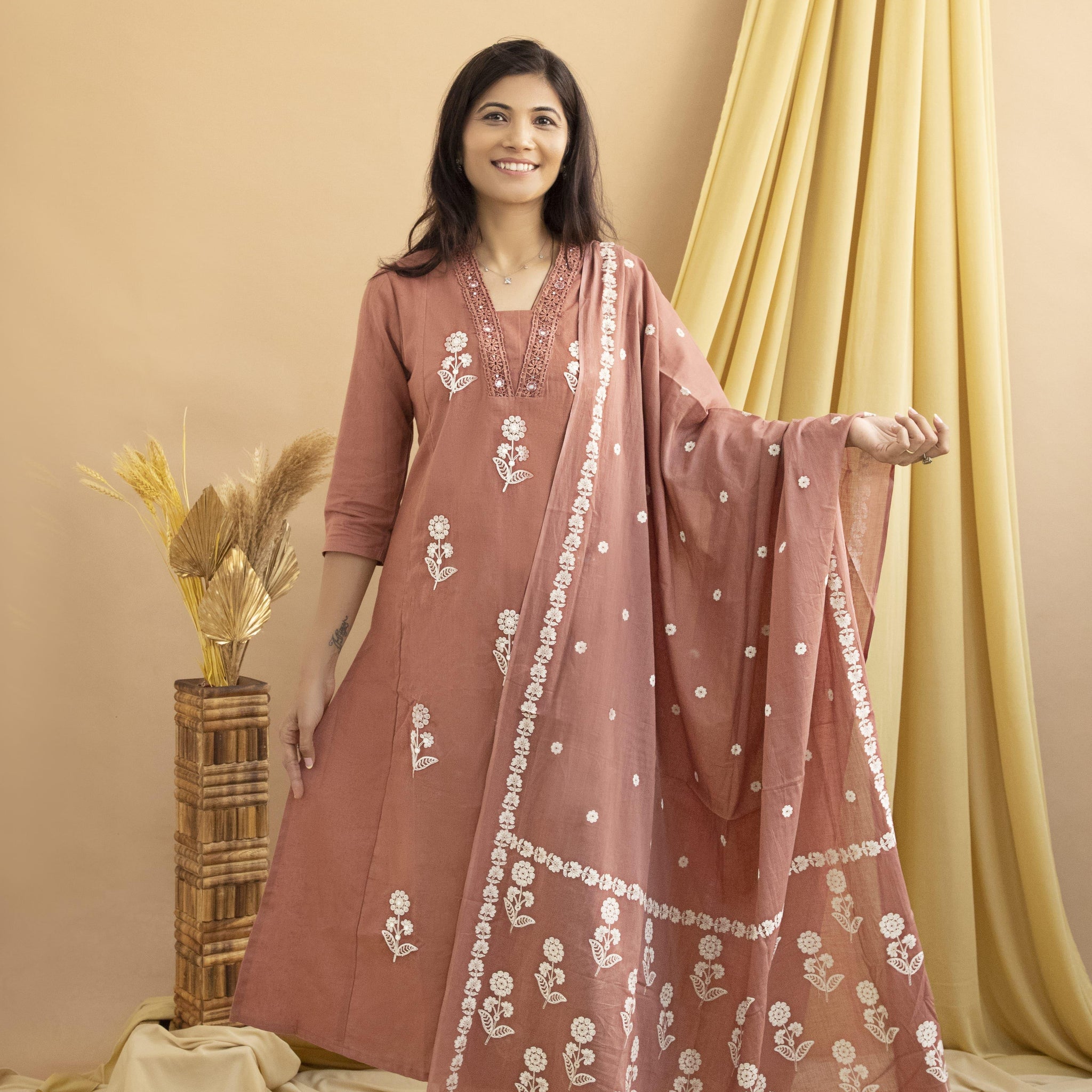 Rust Pink Cotton Anarkali Set with Delicate Dupatta