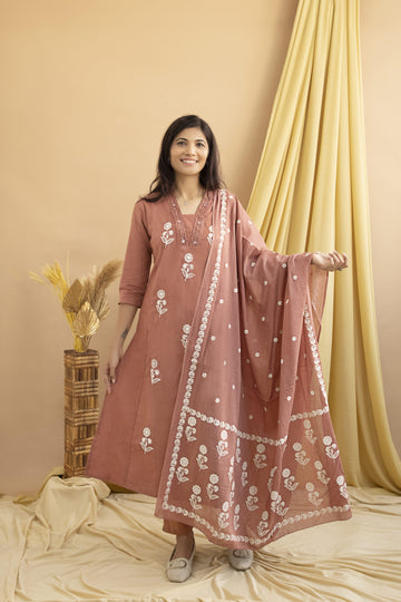Rust Pink Cotton Anarkali Set with Delicate Dupatta
