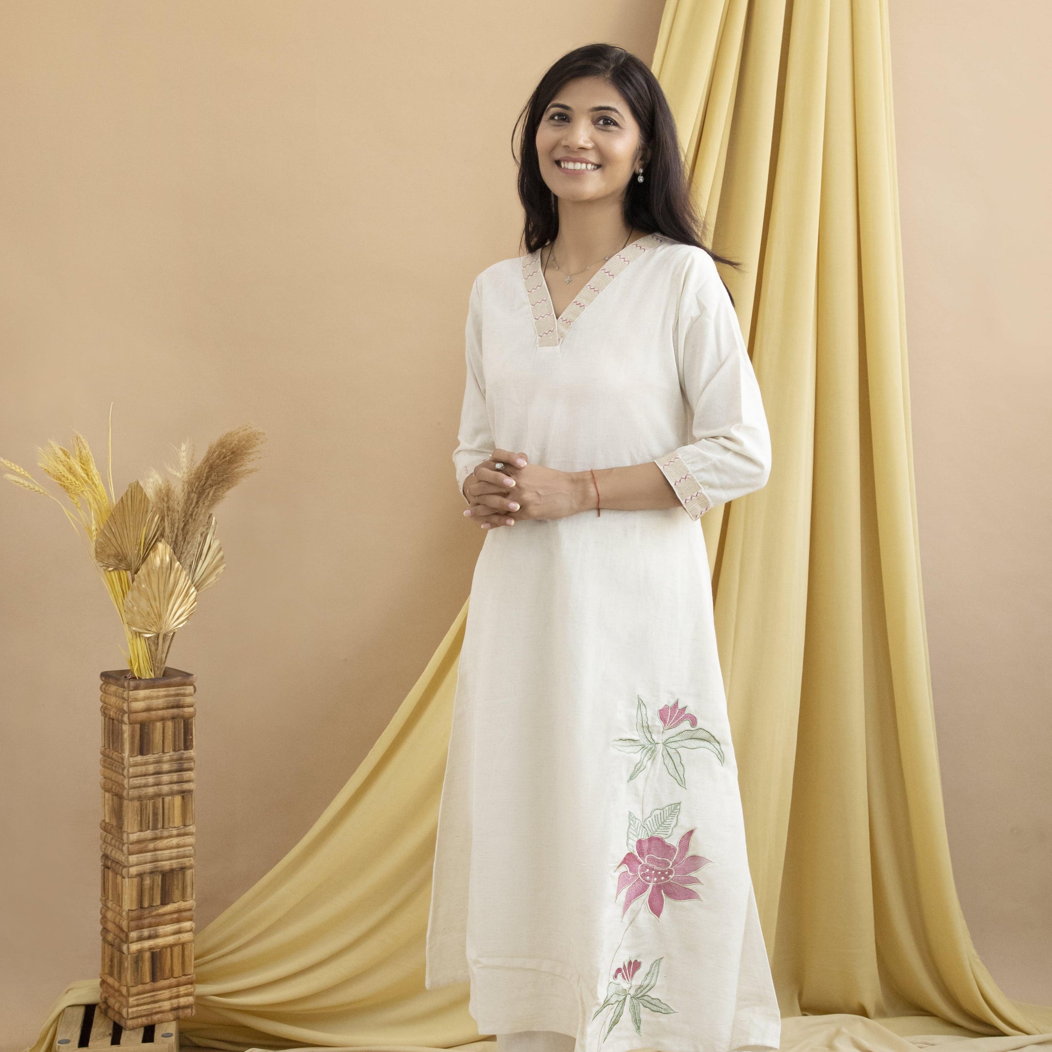 Khadi Cotton Kurta Pant Set with Elegant Handwork