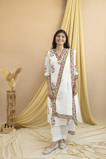 Jaipuri Print Cotton Readymade Suit – 3 Piece Set with Sequence Work