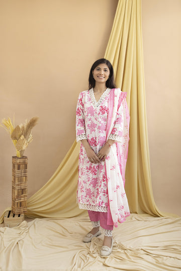 Pink Floral Cotton Suit Set with Elegant Lace Detailing – 3 Piece Set