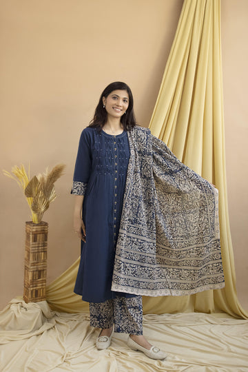 Cotton 3-Piece Suit Set with Kalamkari Printed Dupatta & Pants