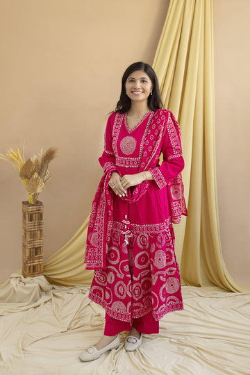 Rani Pink Bandhani Kurta Set with Dupatta