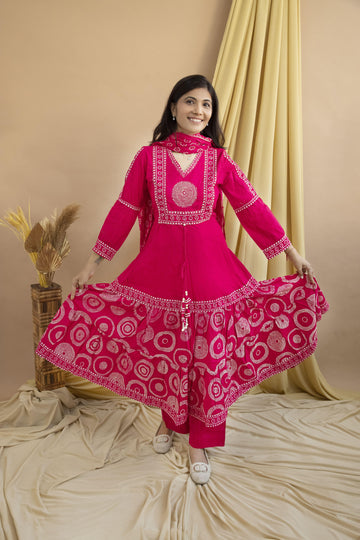 Rani Pink Bandhani Kurta Set with Dupatta