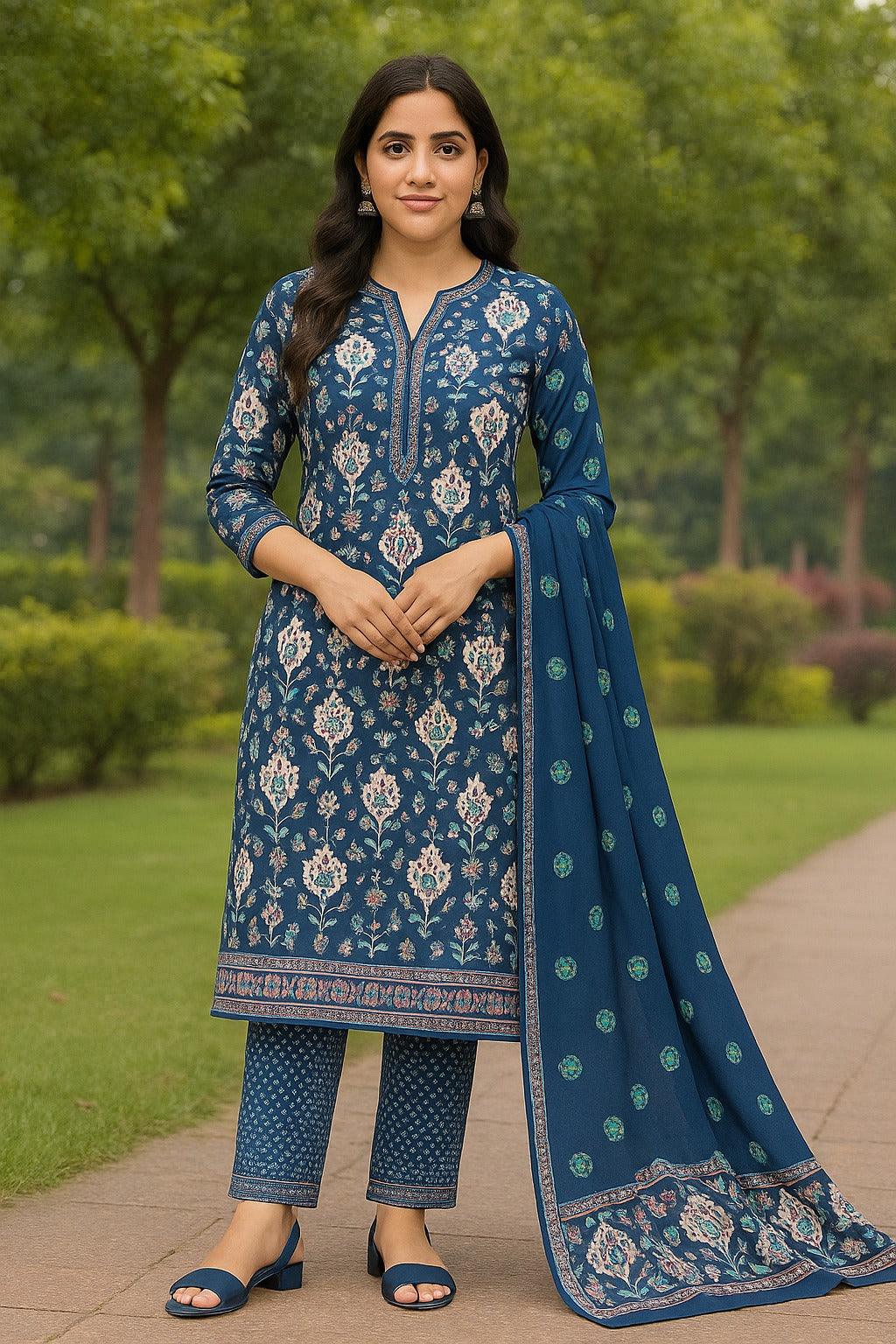 Dark Blue Unstitched Cotton Suit Set